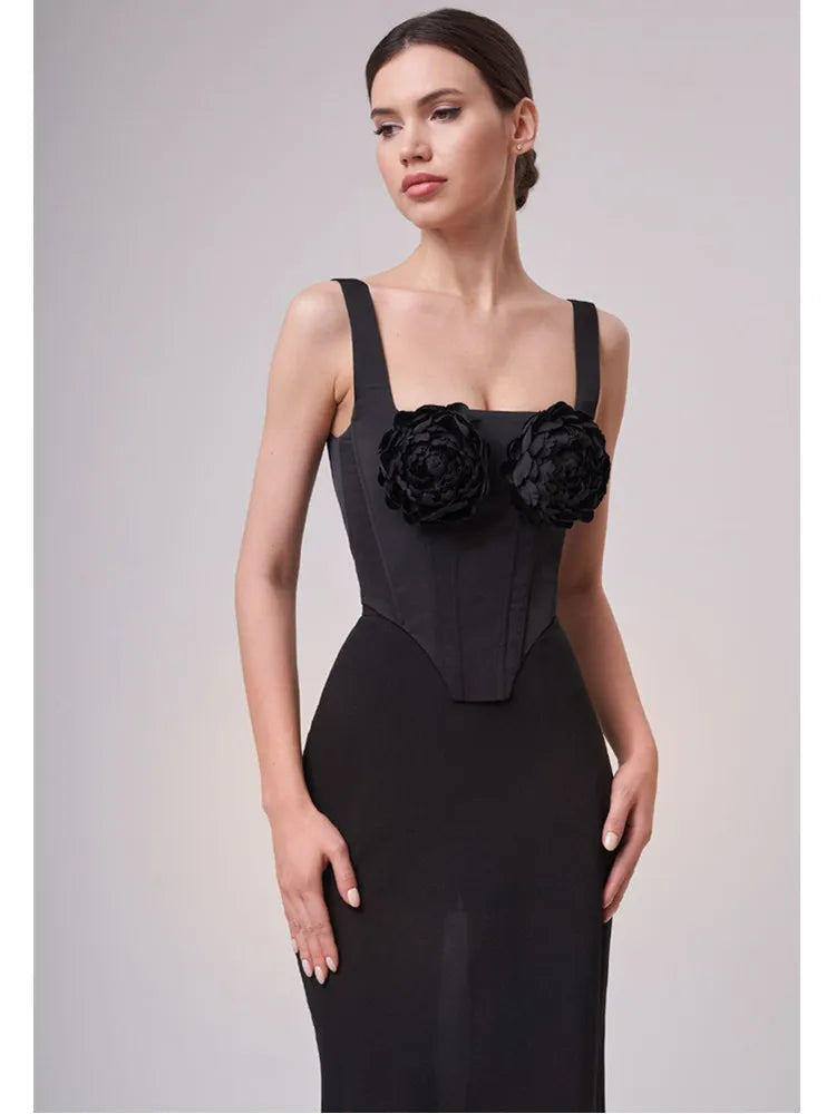 Black White 3D Flower Bandage Skirt Set Knitted Elegant Evening Club Sets Dress