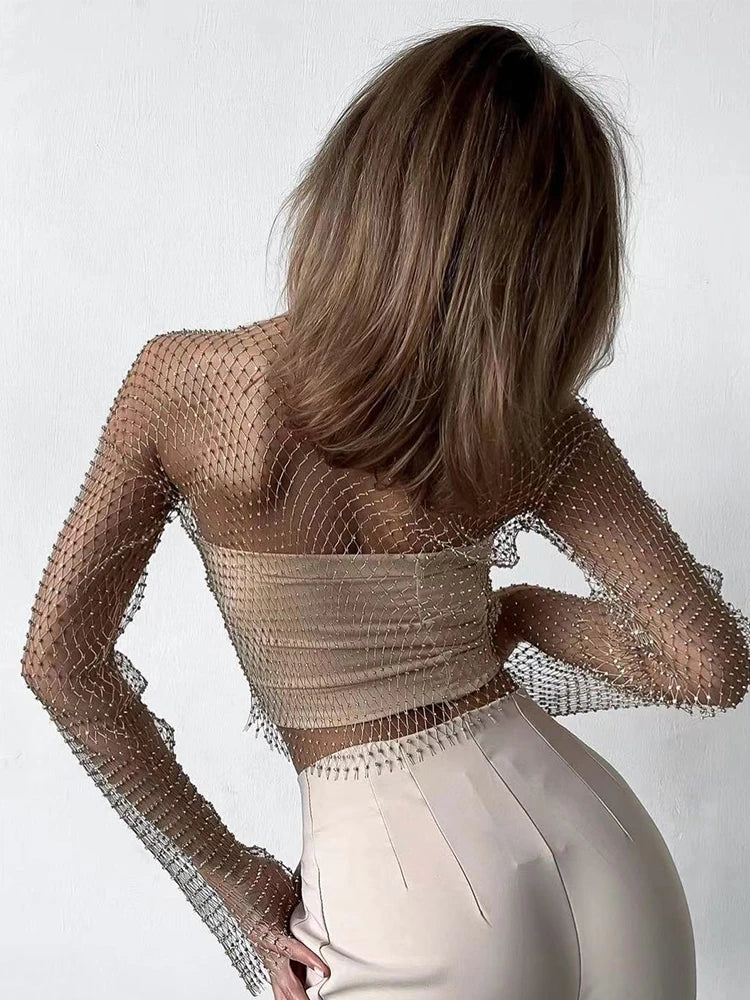 Mesh See Through T Shirt Shiny Rhinestone Fishnet Hollow Out Crop Top