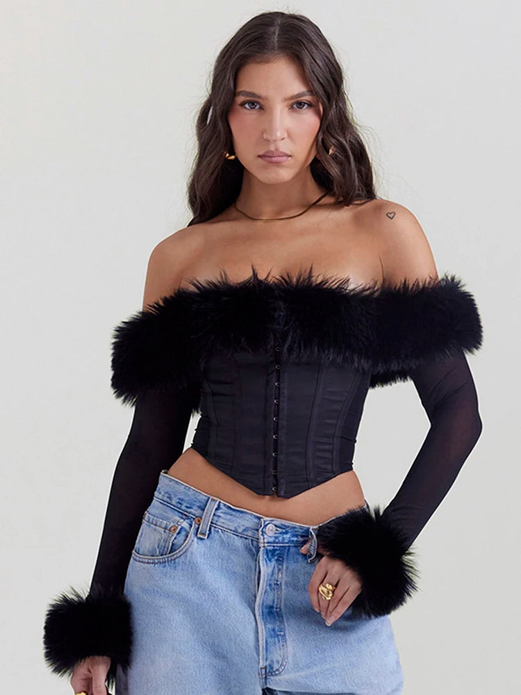 Mozision Elegant Feather Strapless Off-shoulder Backless Tops