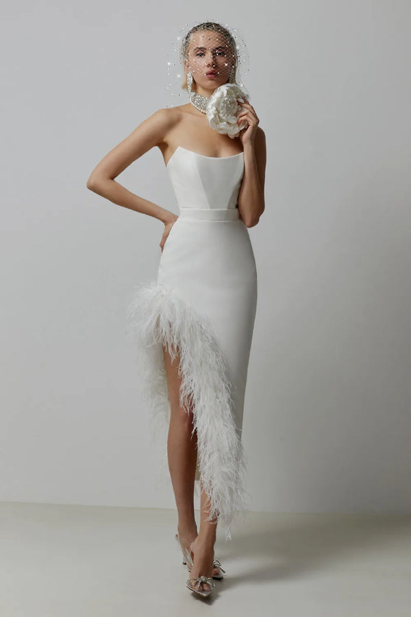 Elegant Feathers Patchwork Strapless White Bodycon Dress