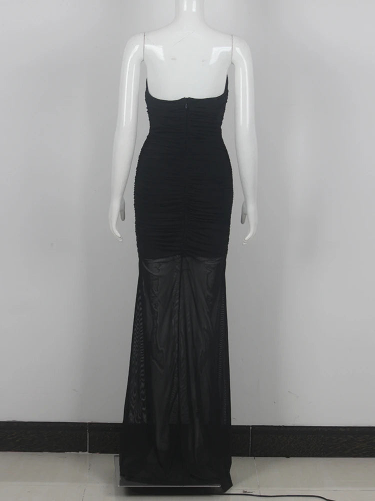 New Women's Black Backless Sleeveless Flower Detail Pleated Maxi Bandage Dress Elegant Celebrity Party Dress