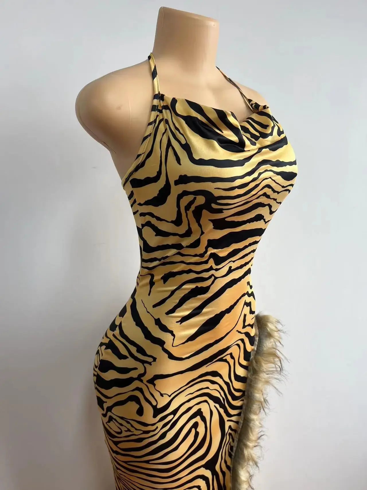 Women Leopard Print Feather High Side Split Strapless Long Midi Dress