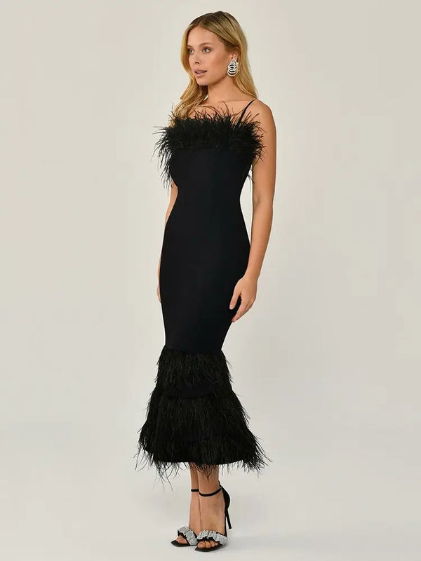 Sleeveless Strapless Feather Mermaid Midi Bandage Dress Black Elegant Celebrity Party Dress