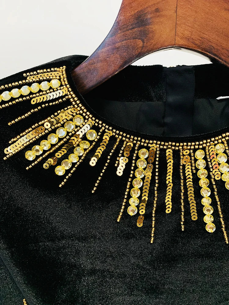 Newest Designer Fashion Women's Long Sleeve Stunning Sequined Rhinestone Diamonds Beaded Velvet Dress