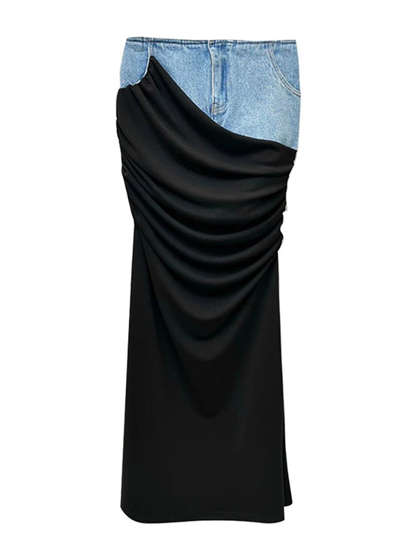 Wome Skirts High Waist Deconstruct Patchwork Panelled Asymmetry Denim Long Skirt