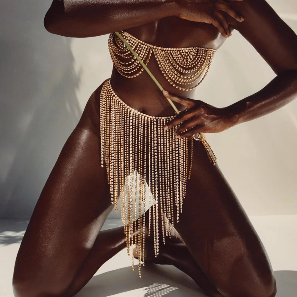 Luxury Multilayer Fringe Bra Body Chain Dress With Rhinestones