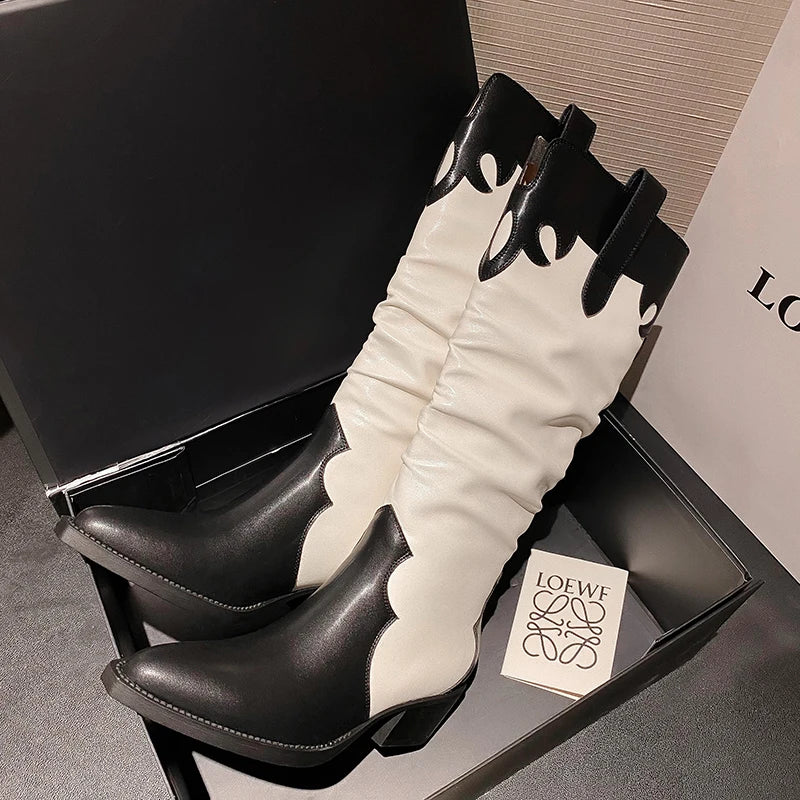 Retro Leather Boots Chunky High Heels Western Cowboy Boots Knee High Boots Pointed Toe Slip-on Long Boots Botas