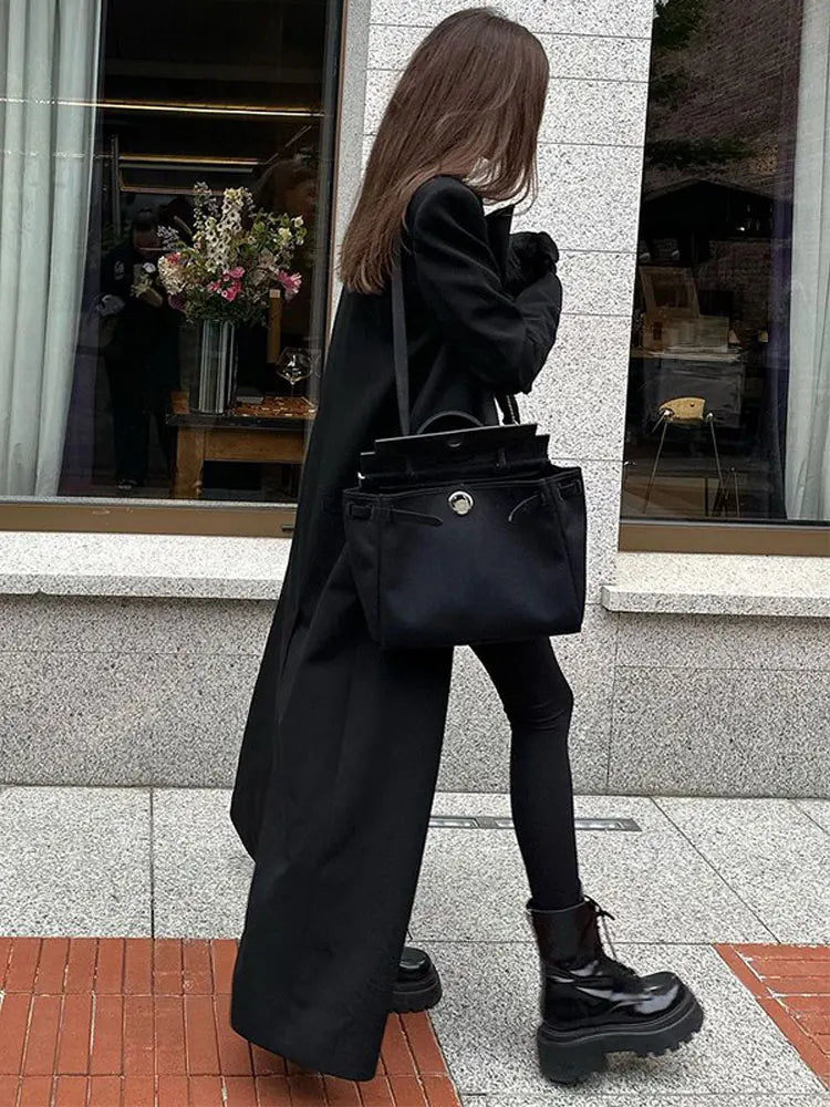 Black Vintage Lapel Collar Women Floor Length Coat Long Sleeve Oversized Loose Elegant Overcoat 2023 Autumn Chic High Streetwear
