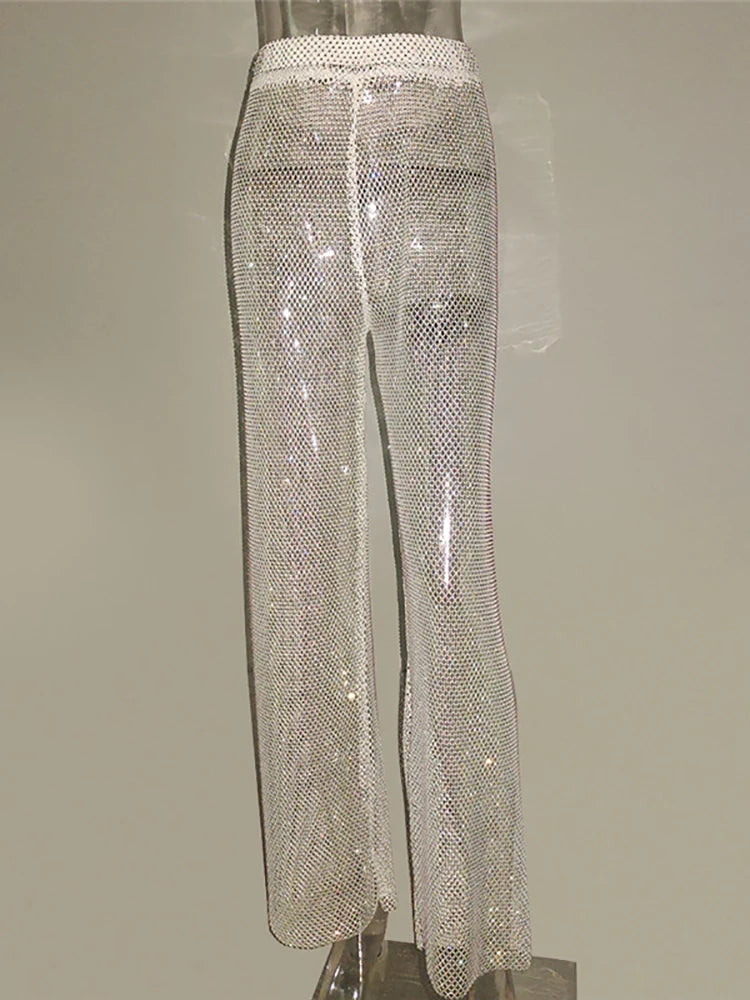 Sparkling Crystal Diamond Fishnet Women High Waist Pant