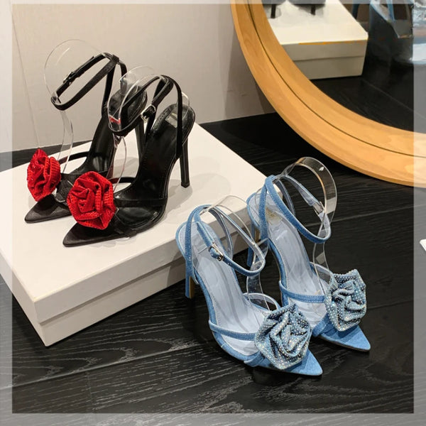 Rhinestone 3D Flower Rose Blossoms/Bowknot High Heel Sandals French Pointed Open Toe 11cm Thin Heel
