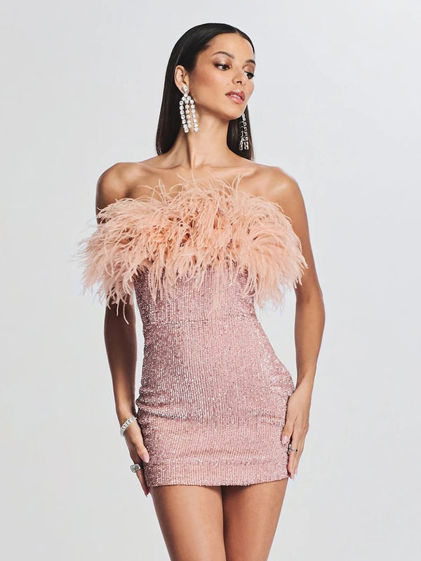 Strapless Backless Sequins Feather Tight Mini Dress Elegant Celebrity Party Dress