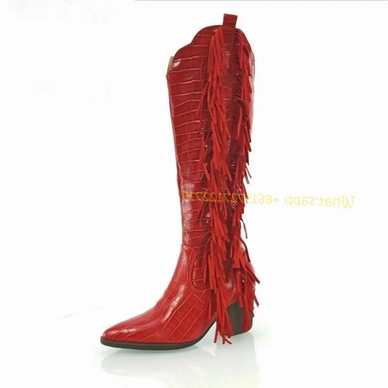 Croc Pattern Cowboy Cowgirl Knee High Boots Pointed Toe High Heels Chic Western Boots Chunky Heels l