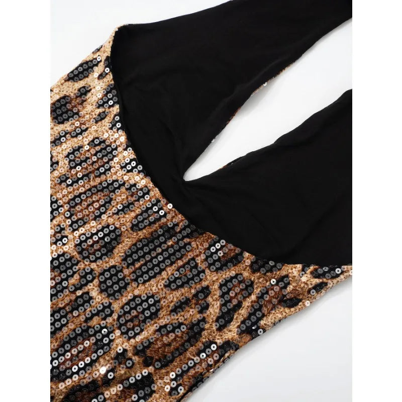 Leopard Sequin Backless Halter Short Dress