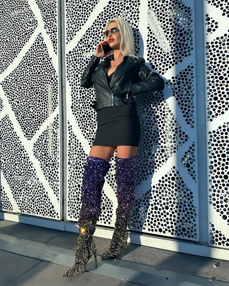 Glittery Over The Knee Boots Gradient Color Sequins Pointed Toe Stiletto Boots