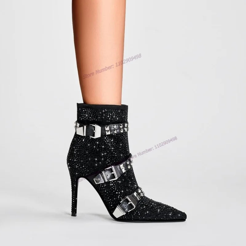 Black Crystal Decor Ankle Boots Strappy Decor Pointed Toe Shoes Thin High Heels
