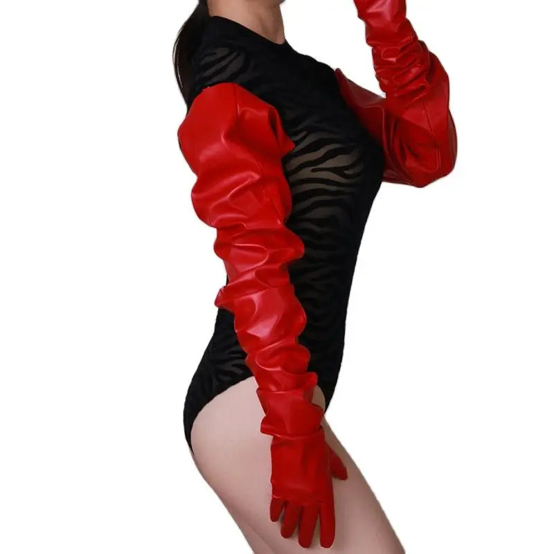 LATEX LONG GLOVES Faux Patent Sythentetics Leather 35" 90cm Matte Red Large Sleeves Unisex  Women Long Leather Gloves WPU224