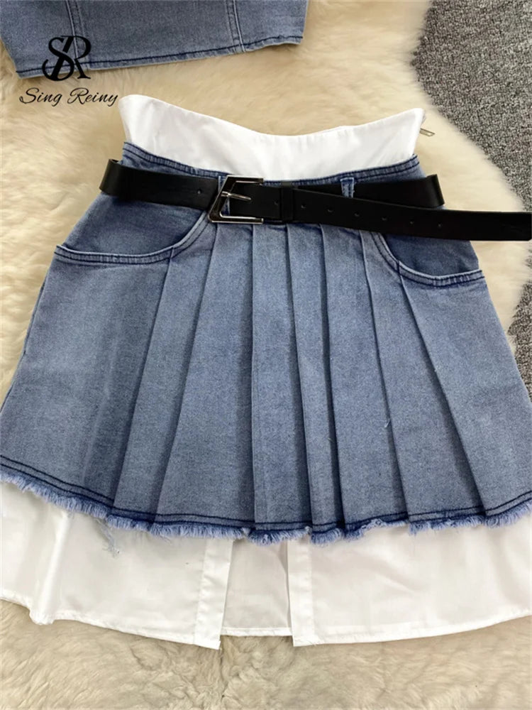 Retro Y2K Sexy Denim Suits Women Strapless Mini Top+ Pleated Mini Skirt Vintage Beach Two Pieces Set