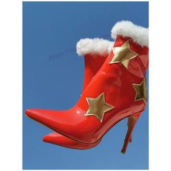 Red Star Fur Decor Ankle Boots Patent Leather Pointy Toe Shoes