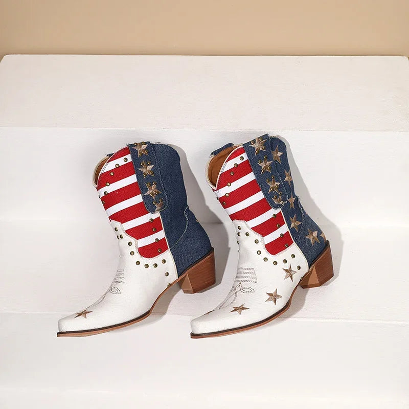 Cowgirl Cowboy Western Boots USA Flag Ankle Booties Denim Stars Stripes Heeled Shoes 2025 New Footwear