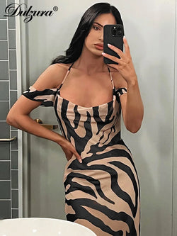 Zebra Pattern Spaghetti Shoulder Strap Sleeveless Backless Maxi Dress