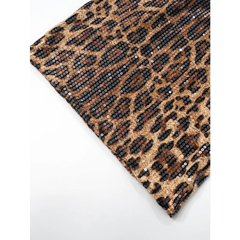 Leopard Sequin Backless Halter Short Dress