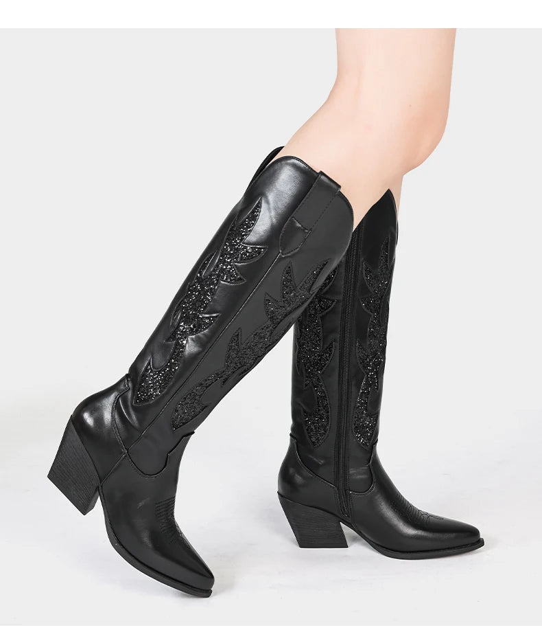 Cowgirl New Western Cowboy Boots Women Autumn Pointed Toe Thick Heel High Knee Boots