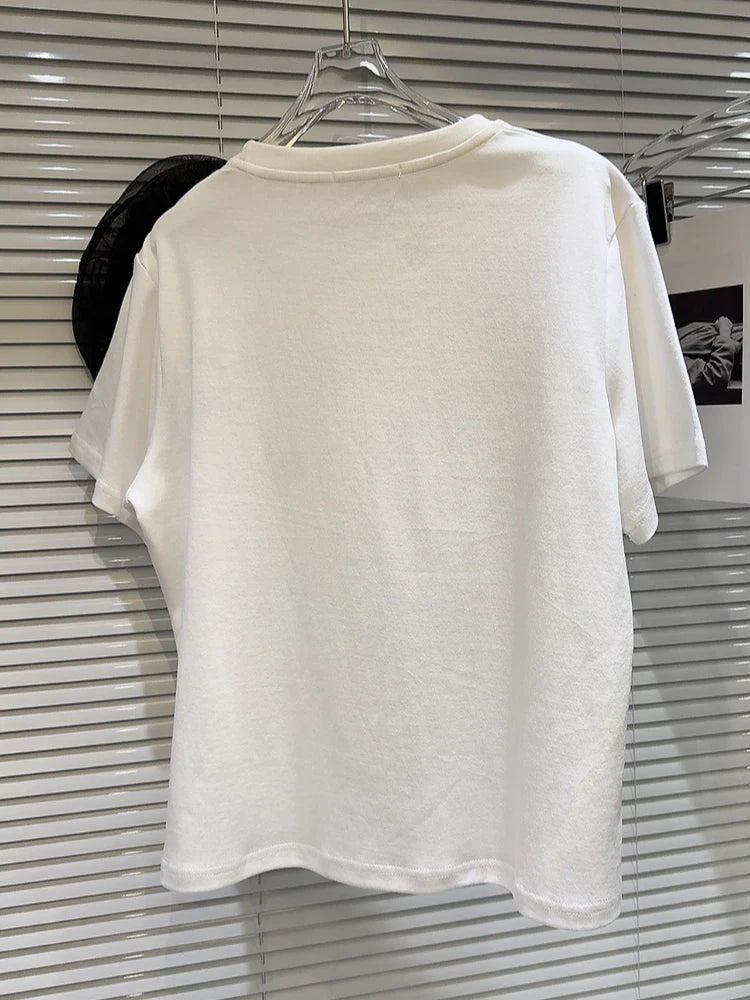 Patchwork 3D Mesh Flower T-shirt 2024 Spring Short Sleeve Round Collar Tops