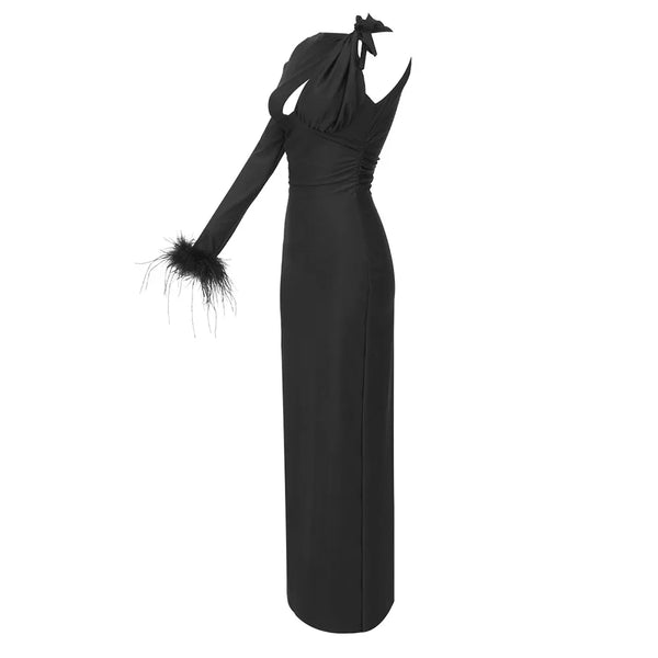 One Shoulder New Feathers Maxi Dresses