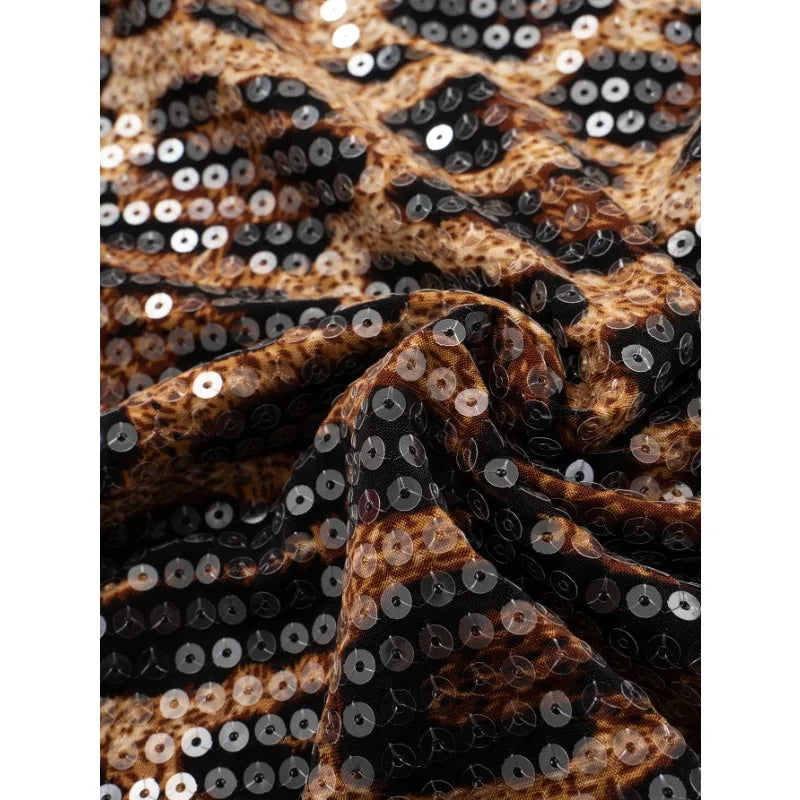 Leopard Sequin Backless Halter Short Dress