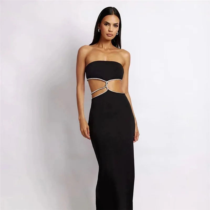 Puloru Black Off Shoulder Party Tube Top Dress Elegant Retro Sleeveless Strapless Dress