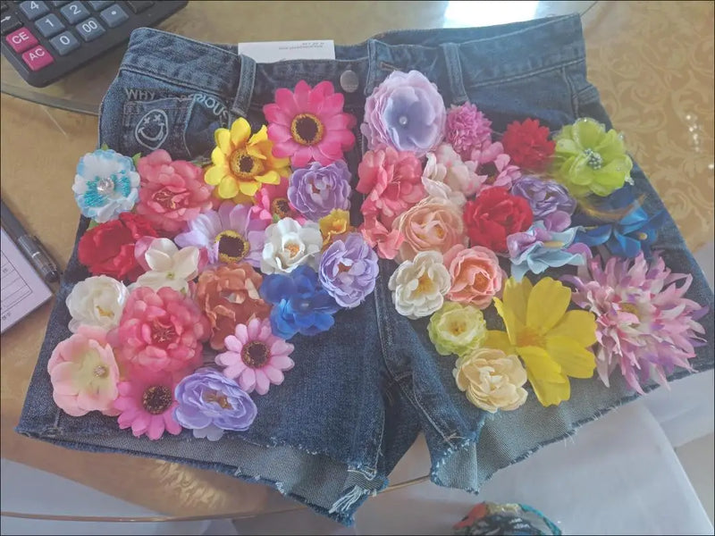 Handmade 3D Flowers Sequins Beads Slim Denim Shorts Summer High Waist Short Jeans Trousers Floral Embroidery Pantalones