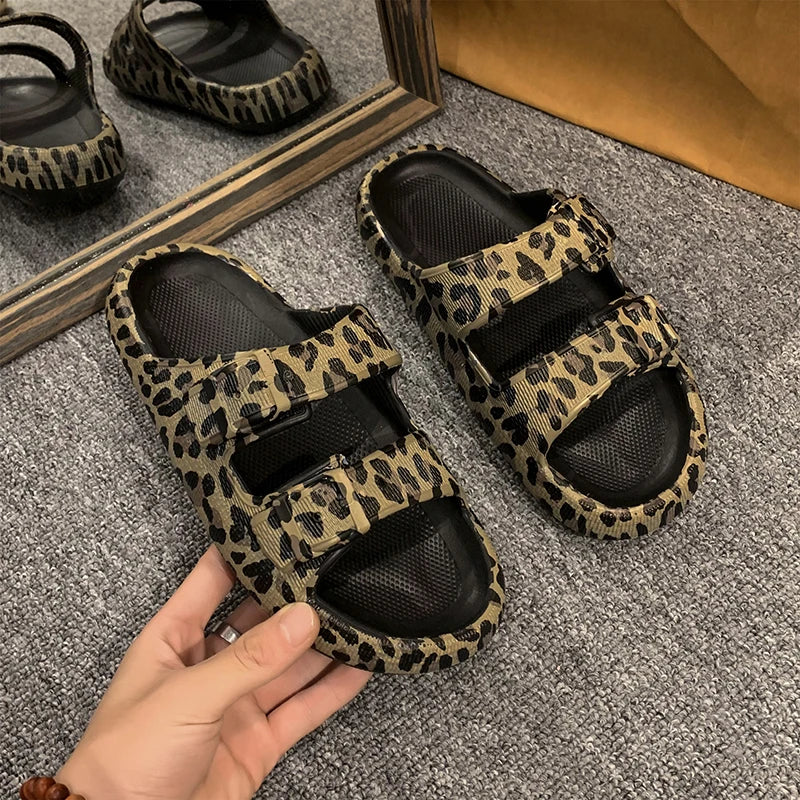 Leopard Print Platform Slippers Casual Thick Sole Indoor and Outdoor Sandals Beach Shoes