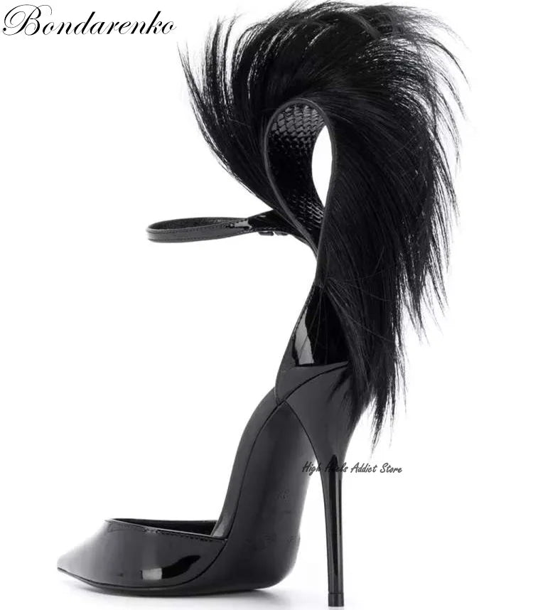 Black Feather Leather Pumps Heart Pointed Toe Stilettos