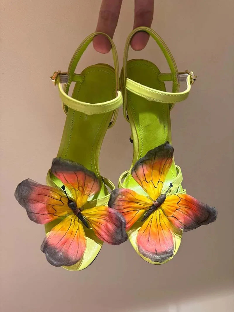 2024 Summer New Green Butterfly Crossed Thin Belt Irregular Heel High Heel Sandals Hollow One Button
