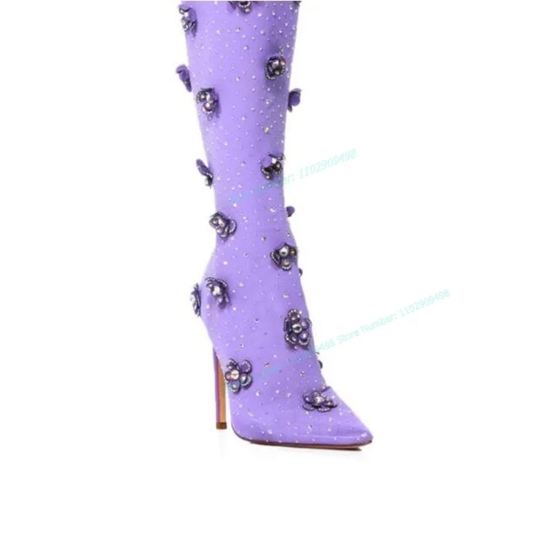 Purple Crystal Decor Boots Over The Knee Pointed Toe Shoes