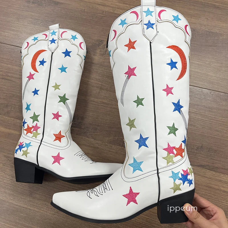 White Cowboy Boots Star Western Knee High Shoes