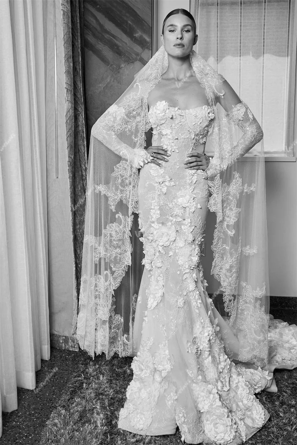 Modest Mermaid Lace Wedding Dresses Women Bride Dress Detachable Sleeve 3D Flowers Bridal Gown vestido de novia