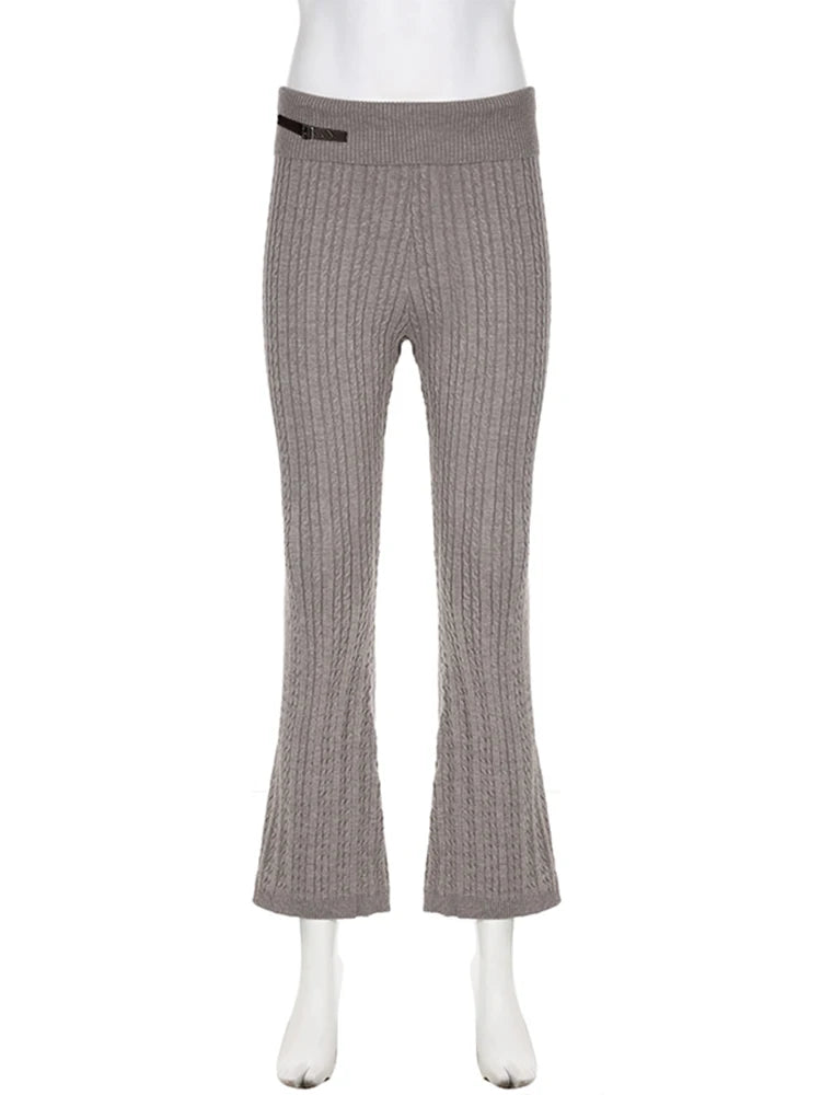 Casual Basic Knitted Flares Pants Autumn Winter Slim Solid Turn-Down Waist Low-Waisted Pants Women Fashion Streetwear