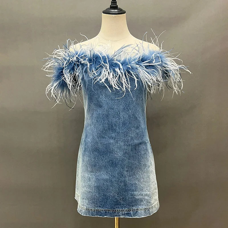 Women's Vintage Denim Bodycon Mini Dress with Belt, Sleeveless Jeans Dress Denim Dress Feather Dress