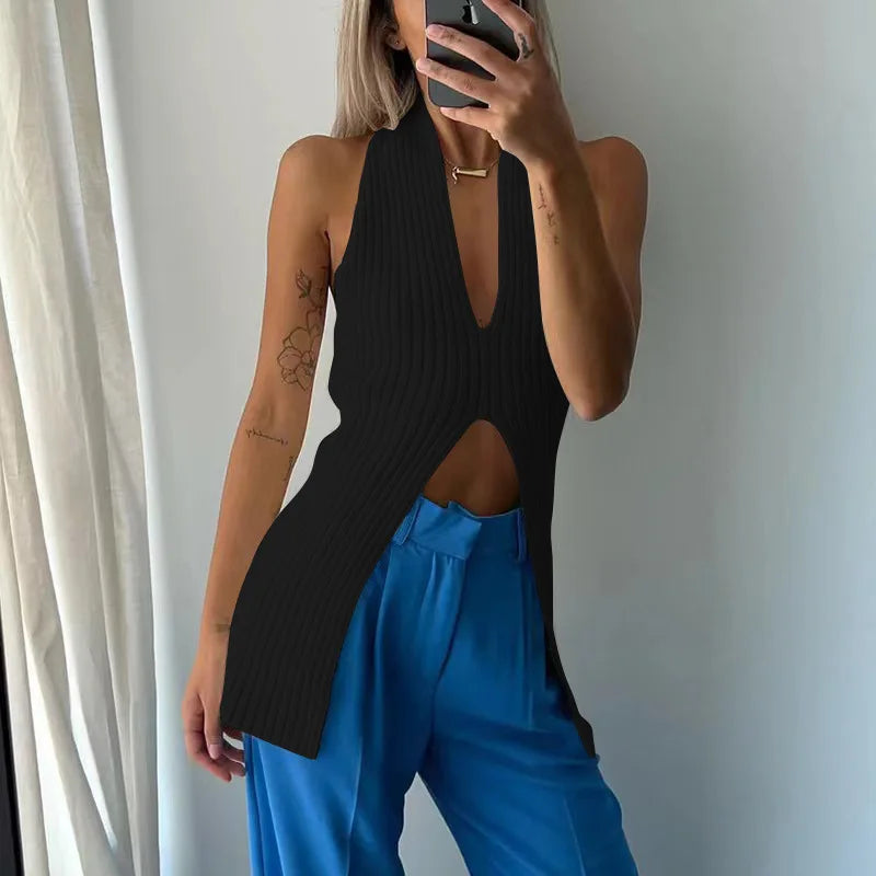 Skinny Knitted Sweater Vest New V-Neck Slit Sleeveless Women's Chic Knit Vest for Women Summer Tops
