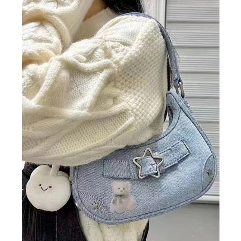 Vintage Casual Cute White Star Shoulder Underarm Tote Bag Ladies Sling Bags Leather Zip Purses Handbags Women