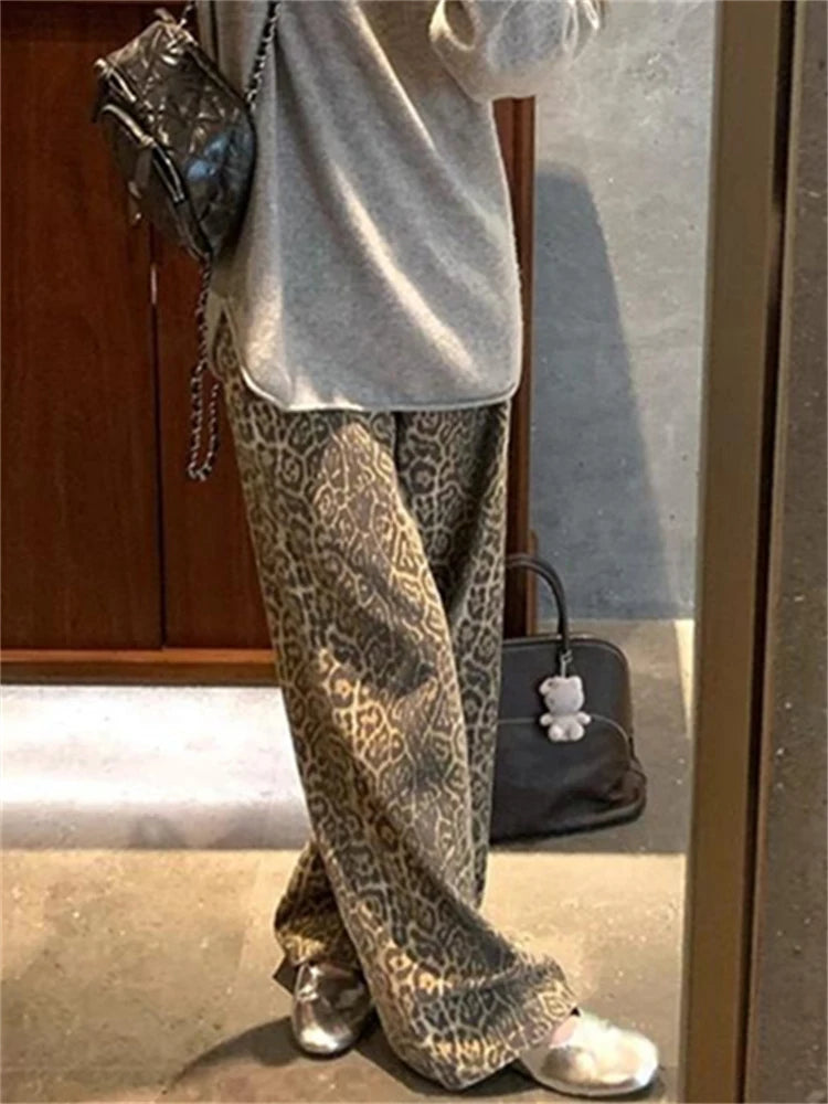 Leopard Print Jeans High Waisted Vintage Wide Leg Denim Trousers