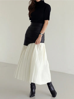 White Long Autumn Leather Patchwork A-line Wrap Hip Temperament New Fashion Women's Pleated