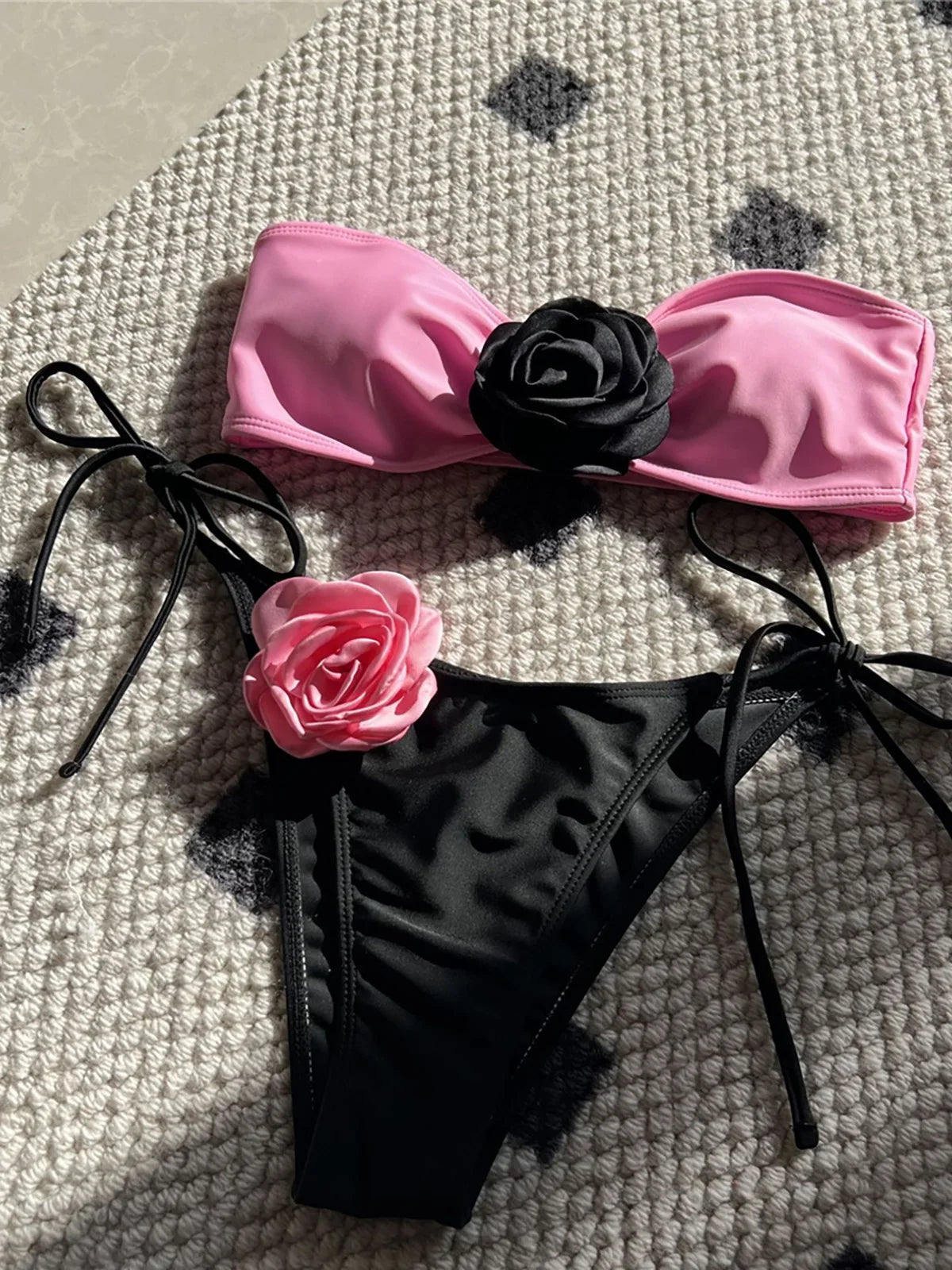 4 Colors 3D Flowers Rose Strapless Bikini Women Swimwear Female Swimsuit Two-pieces Bikini set Suit Swim