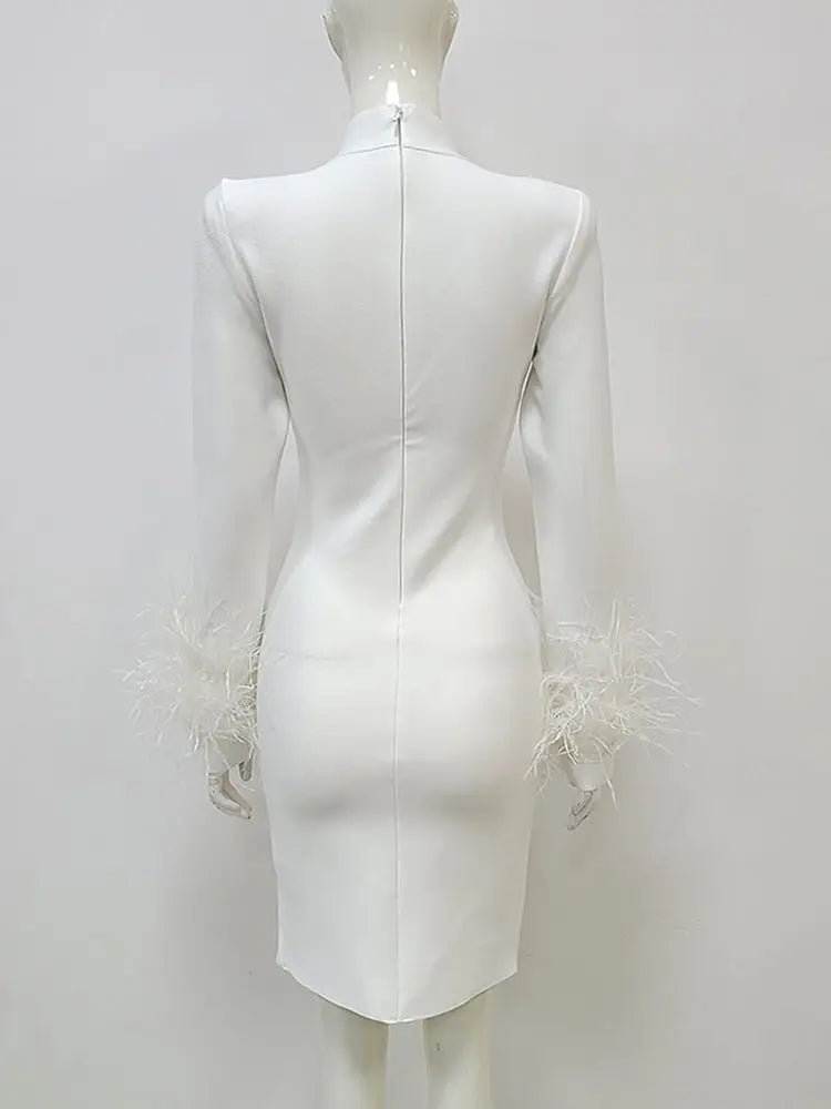 Round Neck Long Sleeve Feather Mesh Panel Mini Bandage Dress Elegant Evening Club Party Dress