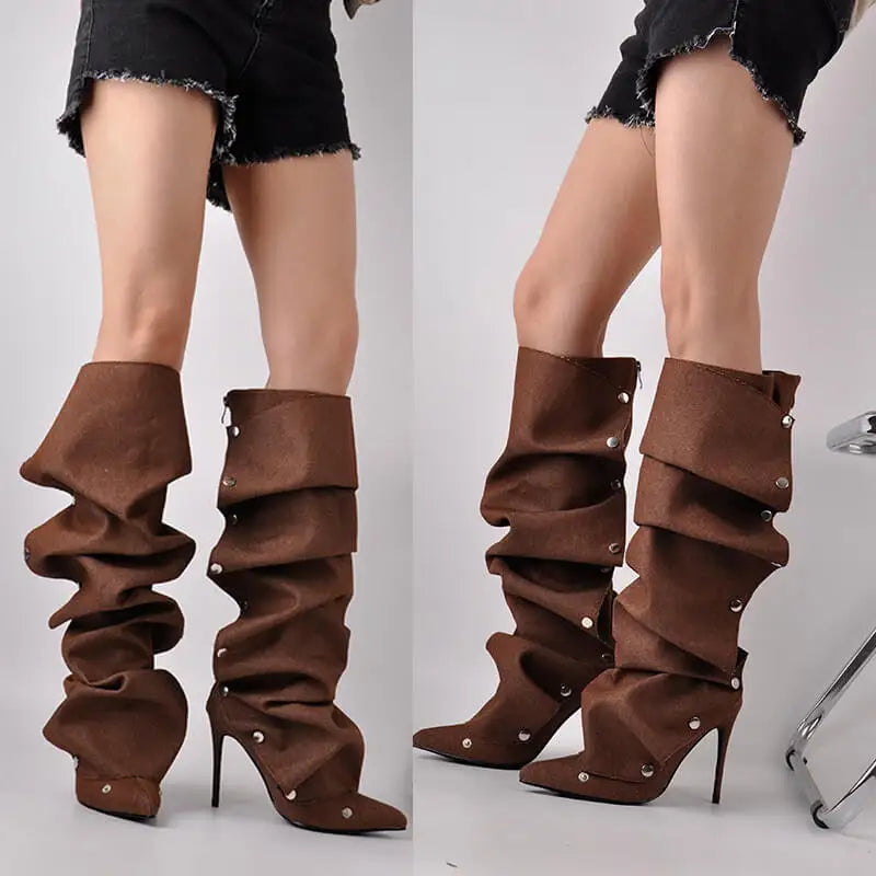 Pointed Toe Pleated Thin Heel Knee High Boots Back Zipper Fashion Buttons Stiletto Removable Boots