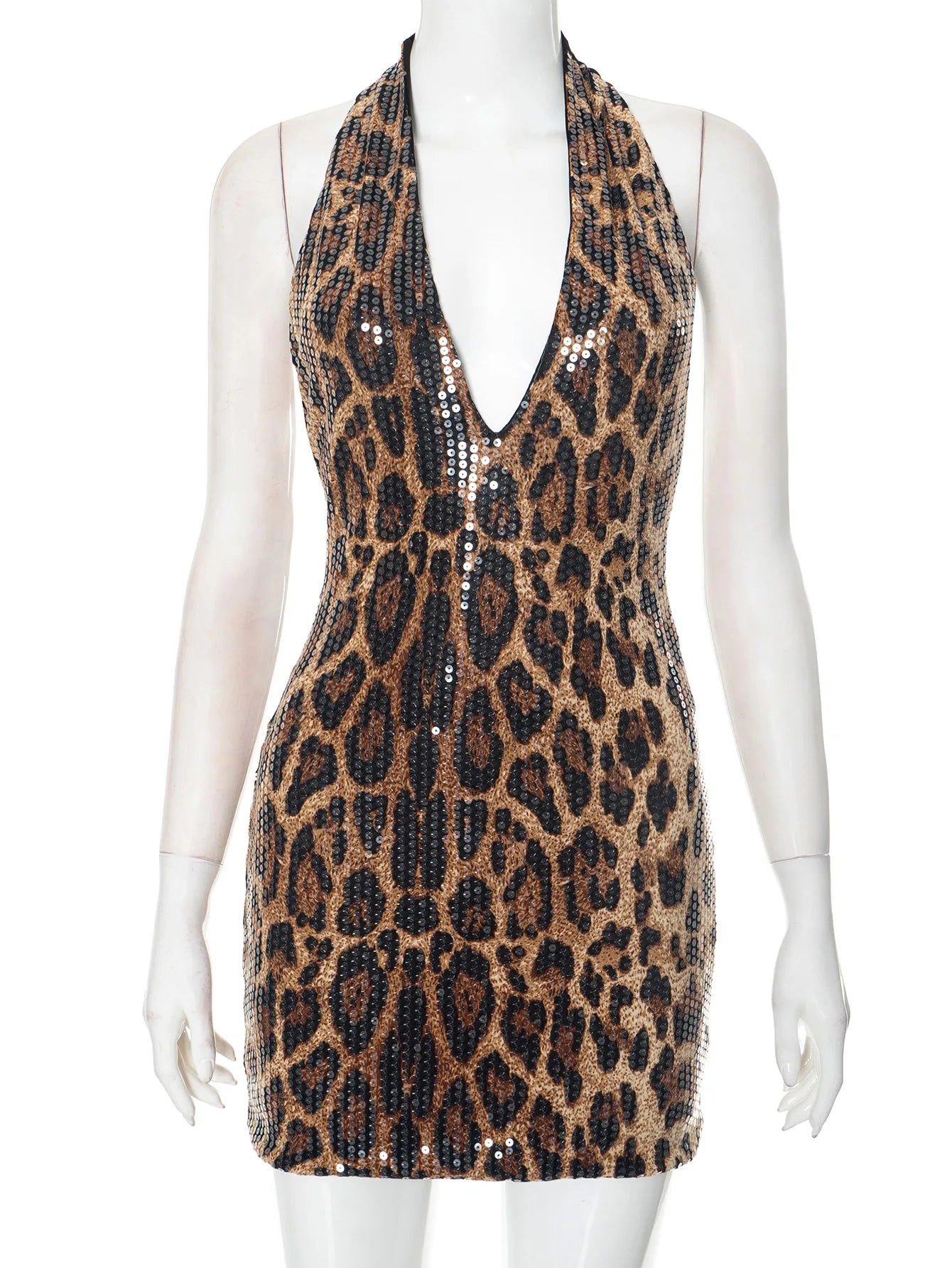 Leopard Sequin Backless Halter Short Dress