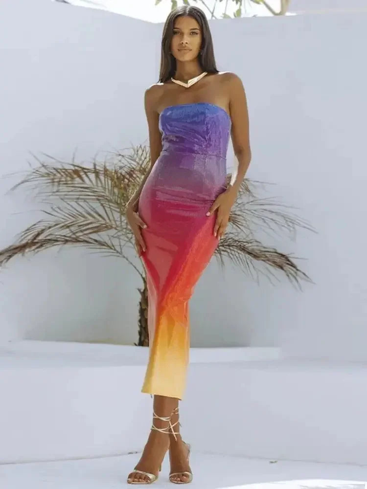 Rainbow Luxury Strapless Cocktail Dress Sequin Tight Fit Dress Backless Party Club Evening Dress