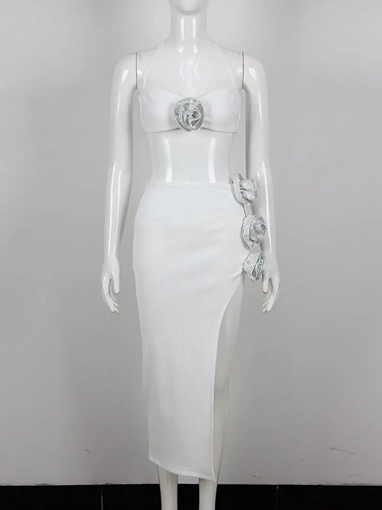 New Women's White Sexy Diamond Flower Short Top Bodycon Small Leg Skirt Set Evening  Party Bandage Set