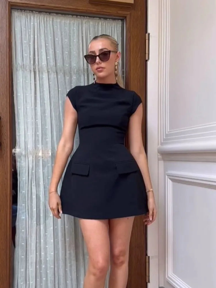 Pockets Slim Mini Dress Fashion O-neck Flying Sleeve A-line Dresses